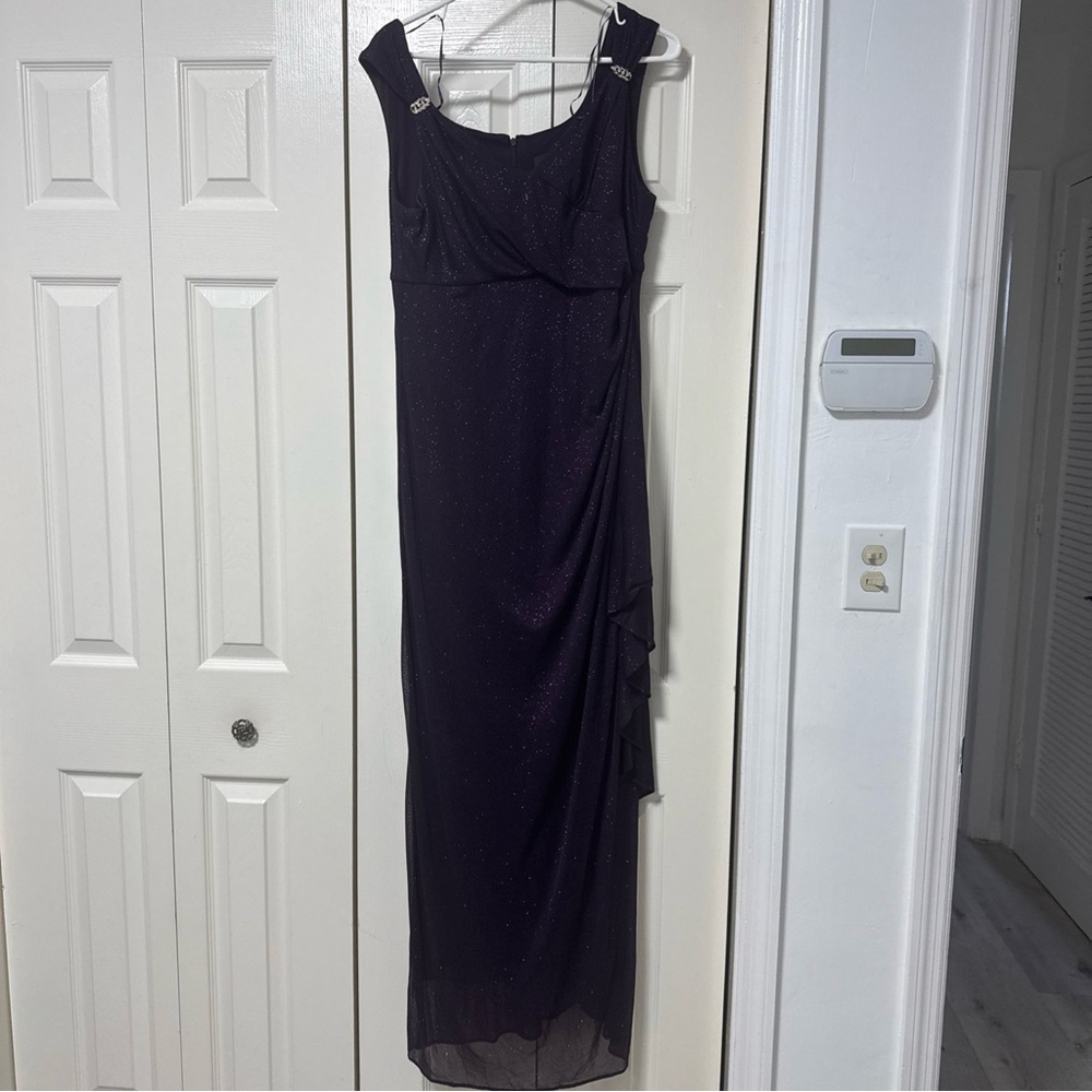 R&M Richards Black Sparkle Maxi Gown with Shoulder Embellishments A 44